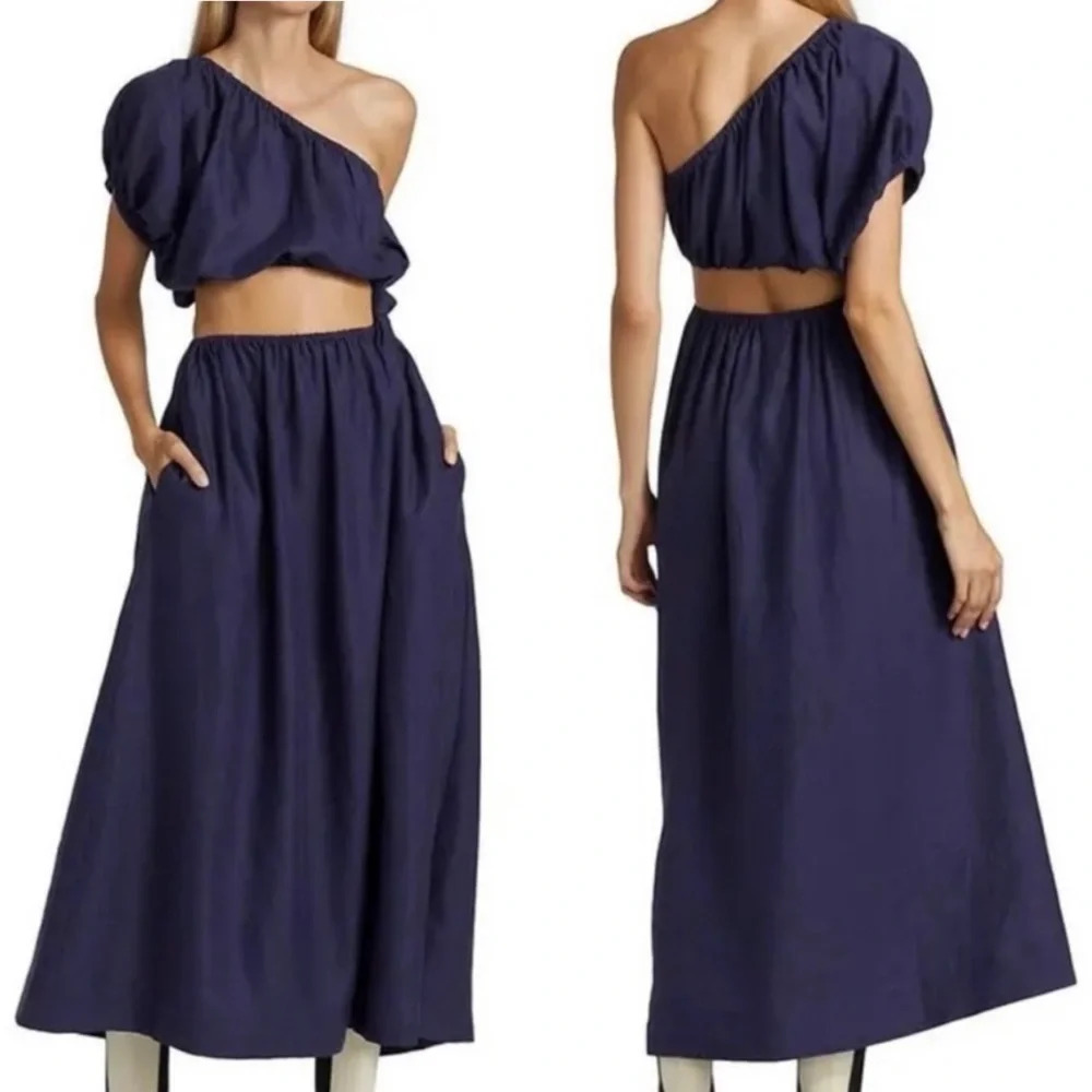 Farm Rio one shoulder cutout navy dress